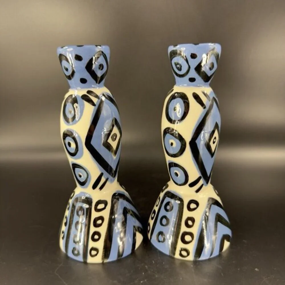 Hand Painted Vintage Pottery Candle Stick Holder Set 2 Signed YCHUK Abstract‎ 2